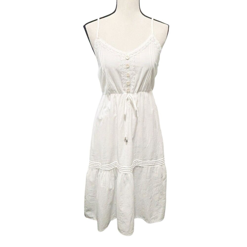 Simplee White Cotton Tank Sundress Sz Small Midi Lace Trim